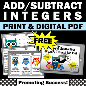 Preview of FREE Adding and Subtracting Integers Positive and Negative Video Worksheets