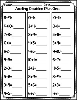 Preview of FREE Addition Fact Fluency Worksheet, Adding Doubles Plus One