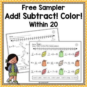 Preview of FREE Addition and Subtraction to 20 Worksheets - Add! Subtract! Color!