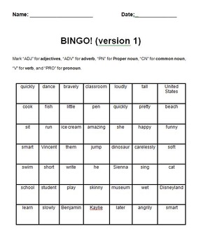 Preview of FREE! Adjectives, Nouns, Pronouns, Adverbs, and Verbs BINGO sheets