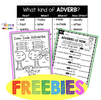 Preview of FREE Adverb worksheets and grammar lessons - printable activities - charts