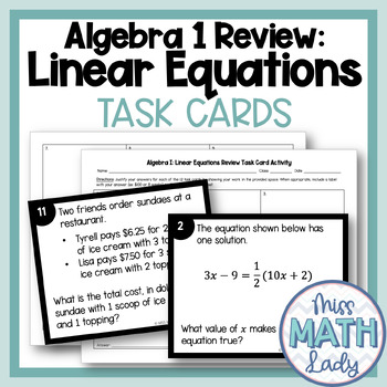 Preview of Algebra 1 Linear Equations and Systems of Equations Review Task Cards
