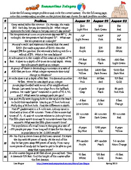 Preview of FREE All Operation Integer Word Problems Summertime Coloring Activity