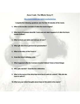 Preview of FREE Anne Frank: The Whole Story Movie Questions
