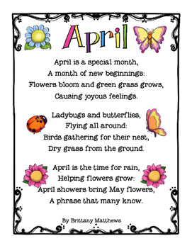 FREE April Poem and Cloze reading Worksheet by Education with Imagination