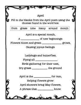 FREE April Poem and Cloze reading Worksheet by Education with Imagination