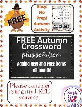 Preview of FREE Autumn Crossword, Fall Activity, Thanksgiving Worksheet, No Prep November
