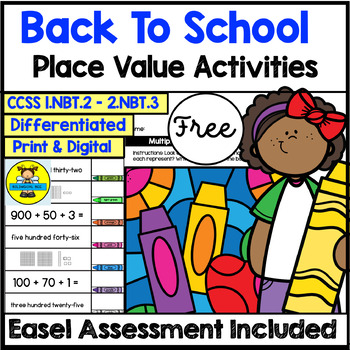 Preview of FREE BACK TO SCHOOL COLOR BY PLACE VALUE EASEL AND PRINT IN ENGLISH AND SPANISH