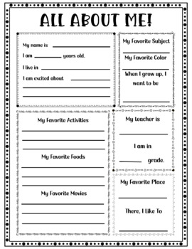 FREE! Back to School PRINTABLE - ALL ABOUT ME Worksheet Teachers & Students