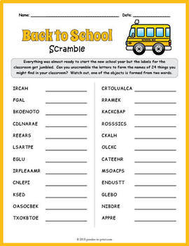 Preview of FREE Back to School Vocabulary Word Scramble Worksheet Activity