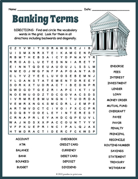 Preview of FREE Banking Terms Word Search Puzzle Worksheet Activity