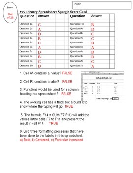 Preview of FREE-Basic Spreadsheet Quiz Test for Grade 7 Year 7 ICT Answer Key