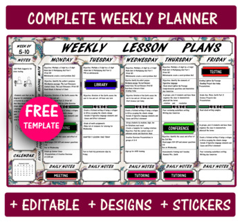 Preview of FREE CUSTOMIZABLE WEEKLY TEACHER PLANNER TEMPLATE: PRINTABLE OR DIGITAL VIEW
