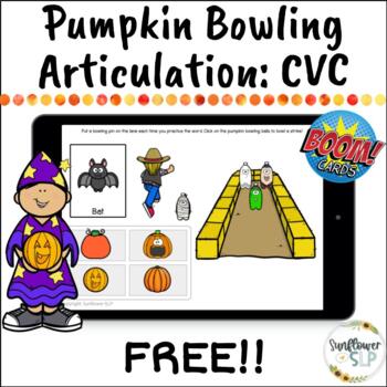 Preview of FREE CVC Halloween Bowling Articulation Boom Cards for Speech Therapy