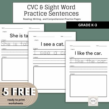 Preview of FREE CVC & Sight Word Sentence Practice (Reading, Writing, Comprehension)