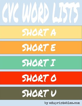 Preview of FREE CVC Word Lists - covering 30 CVC word families