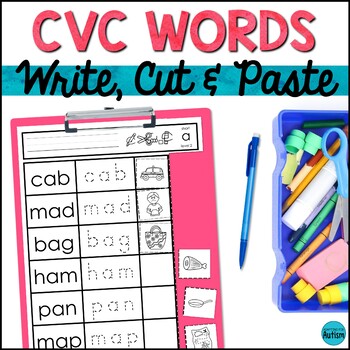 Preview of FREE CVC Words Worksheets: No Prep Write Cut and Paste Activity for Word Work