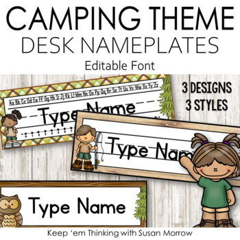 Preview of FREE Camping Theme Desk Nameplates Editable - Camping Theme Classroom Decor