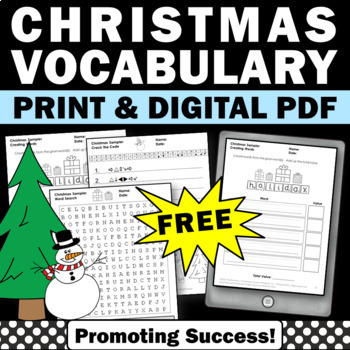 Preview of Free Christmas Worksheets Word Search ELA Vocabulary Morning Work Early Finisher