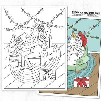 free christmas coloring page unicorn santa reading a book believe in  yourself