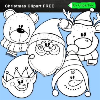 Preview of FREE Christmas Faces Clip Art BW: Santa Face, Elf, Polar Bear, Snowman bundle