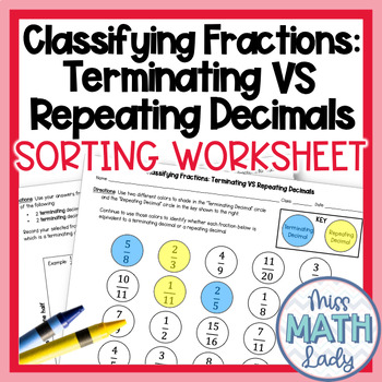 Preview of FREE Classifying Fractions Terminating and Repeating Decimals Sort Activity