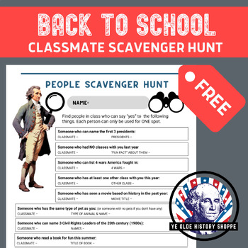 Preview of FREE: Classmate Scavenger Hunt & Intro Survey - Back to School History Class
