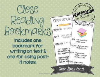 Preview of FREE Close Reading Bookmarks - Annotating Text & Post-it Note Strategy