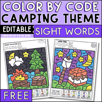 Preview of FREE Color by Sight Word Color by Code Pre-Primer and Primer Editable Camping