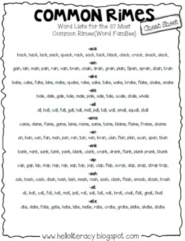 Preview of FREE Common Rimes, aka Word Families, Cheat Sheet