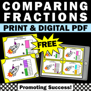Preview of FREE Comparing Fractions Pictorial Task Cards 3rd Grade Math Review Centers Game
