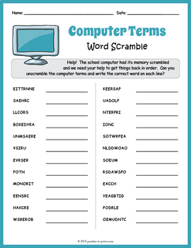 Preview of FREE Computer Terms Word Scramble Puzzle Worksheet Activity