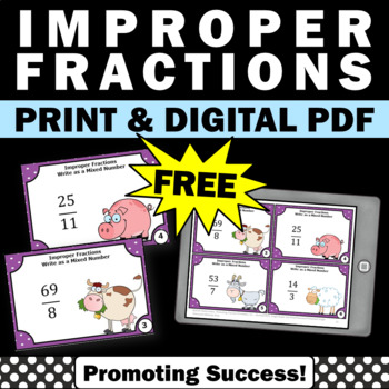 Preview of FREE Mixed Numbers and Improper Fractions Game SCOOT Math Work Stations Fun