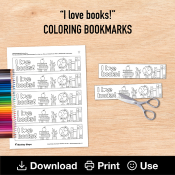 Preview of FREE "I love books!" Coloring Bookmarks, Bookish Class Activity, Reading Craft