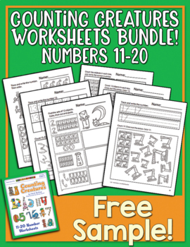 Preview of FREE Counting Creatures 11-20 Number Worksheets Sample - Heidi Songs