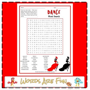 Preview of FREE DANCE Word Search Puzzle Handout Fun Activity