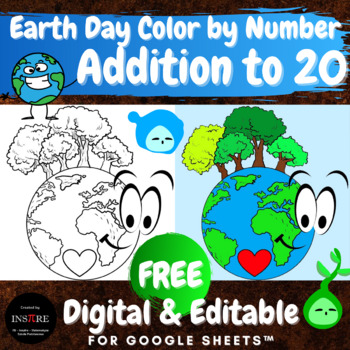 Preview of FREE DIGITAL Color by number - Earth Day Math activity - Addition to 20 EDITABLE