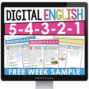 Preview of Free English Bell Ringers Digital Sample - Grammar, Vocab, Writing, Reading