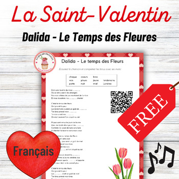 Preview of FREE Dalida song worksheet Le temps des Fleures French Valentine's Day FLE
