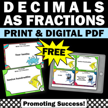 Preview of FREE Decimals as Fractions Review Task Cards Tenths Hundredths Thousandths