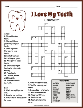 FREE Dental Health Crossword Puzzle Worksheet Activity by Puzzles to Print