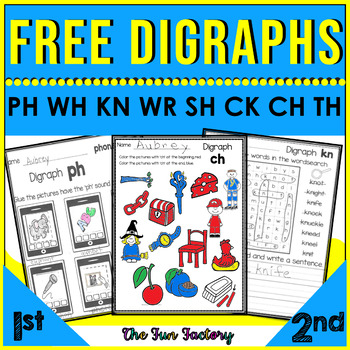 Preview of FREE Digraph Worksheet Activities Digraphs th wh wr ph kn sh ck ch