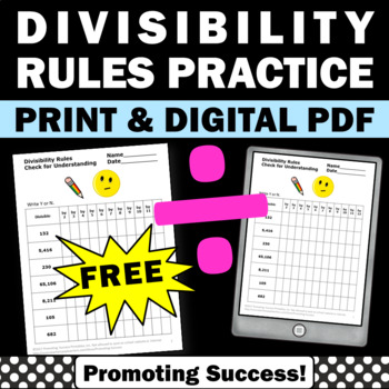 Preview of FREE Divisibility Rules Worksheets Division Practice Strategies Worksheets