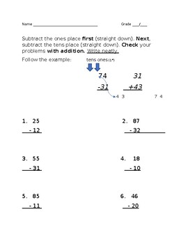 Preview of FREE Double Digit Subtraction for Beginners NO regrouping/ Check with Addition