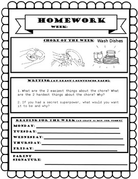 Preview of FREE EDITABLE Homework with Weekly Chore, Writing and Reading