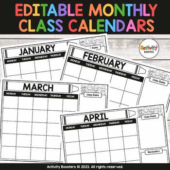 FREE EDITABLE MONTHLY CLASS CALENDARS / BACK TO SCHOOL by Activity Boosters