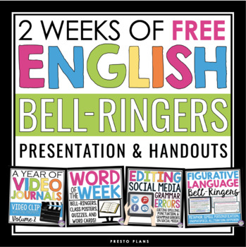 Preview of Free English Bell Ringers Vol 2 Sample - Fig. Language, Grammar, Vocab, Videos