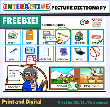Preview of FREE! ESL/ELL Classroom Supplies & Subjects Picture Dictionary! Print & Digital!