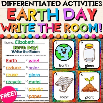 Preview of FREE Earth Day & Recycling Write the Room Vocabulary Cards & Recording Sheets