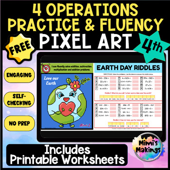Preview of FREE Earth Day Riddles 4 Operations Practice and Fluency Pixel Art - 4th 4.NBT